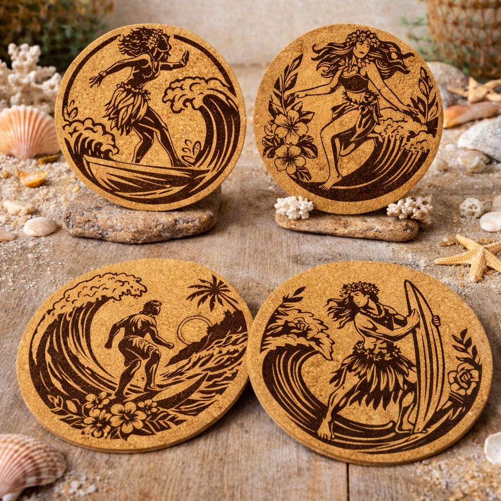 Hawaiian Surf Cork Coasters – Tropical Island Hula & Wave Set