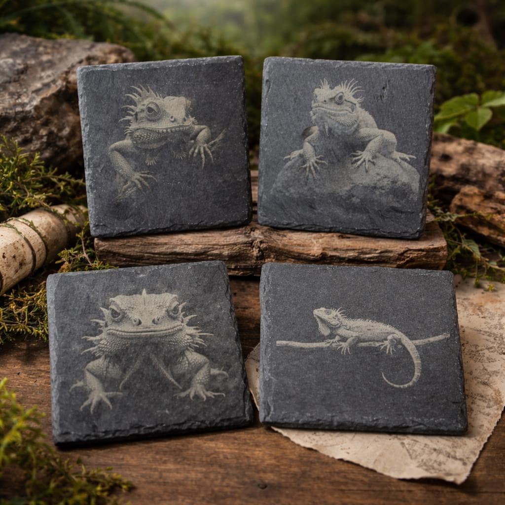 Bearded Dragon Engraved Slate Coasters: Reptile Lover Gift, Set of 4