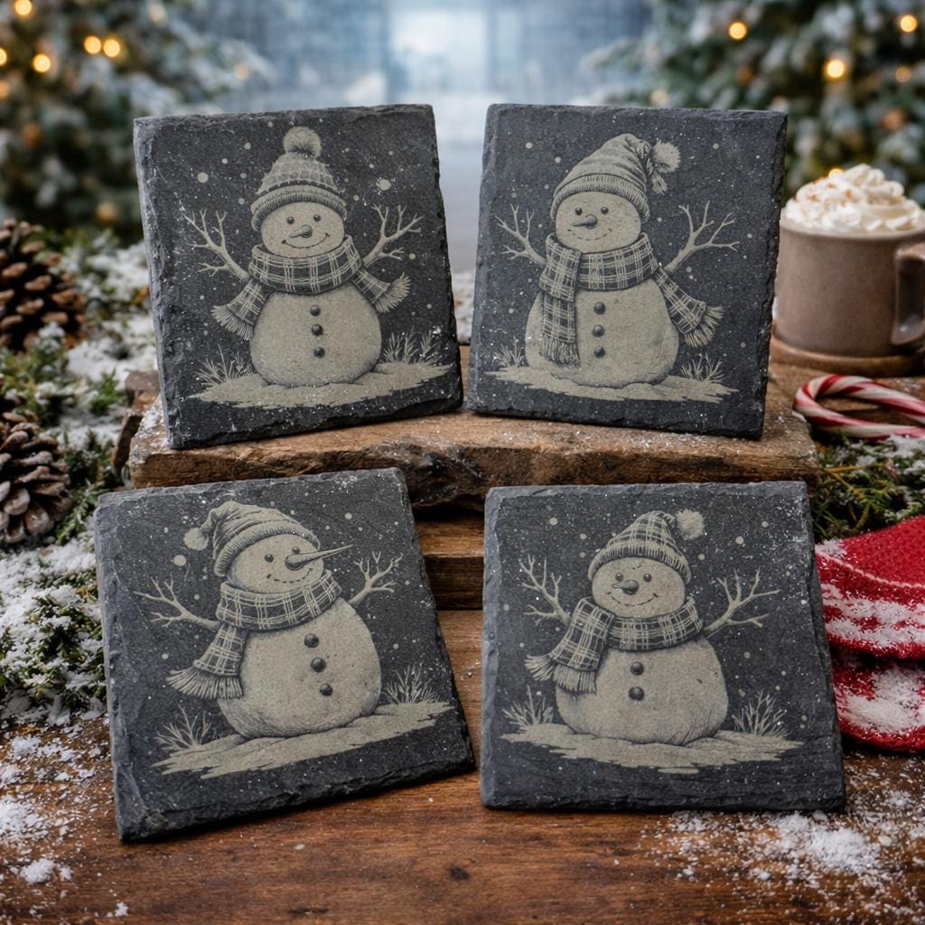 Snowman Slate Coaster Set – Engraved Winter Holiday Rustic Christmas Drink Coasters