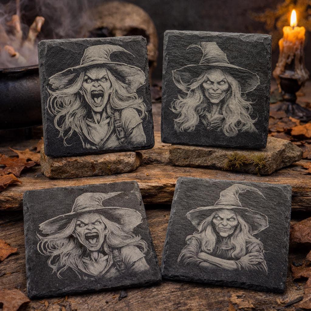 Screaming Witch Slate Coasters: Gothic Halloween Decor - Set of 4