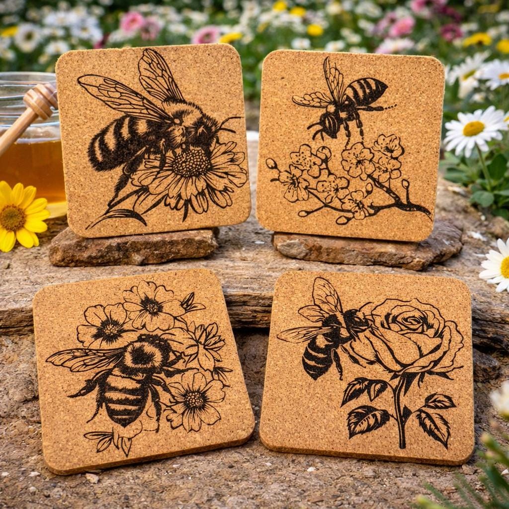 HoneyBee Coasters – Set of 4 Laser Engraved Nature-Inspired Bee Design