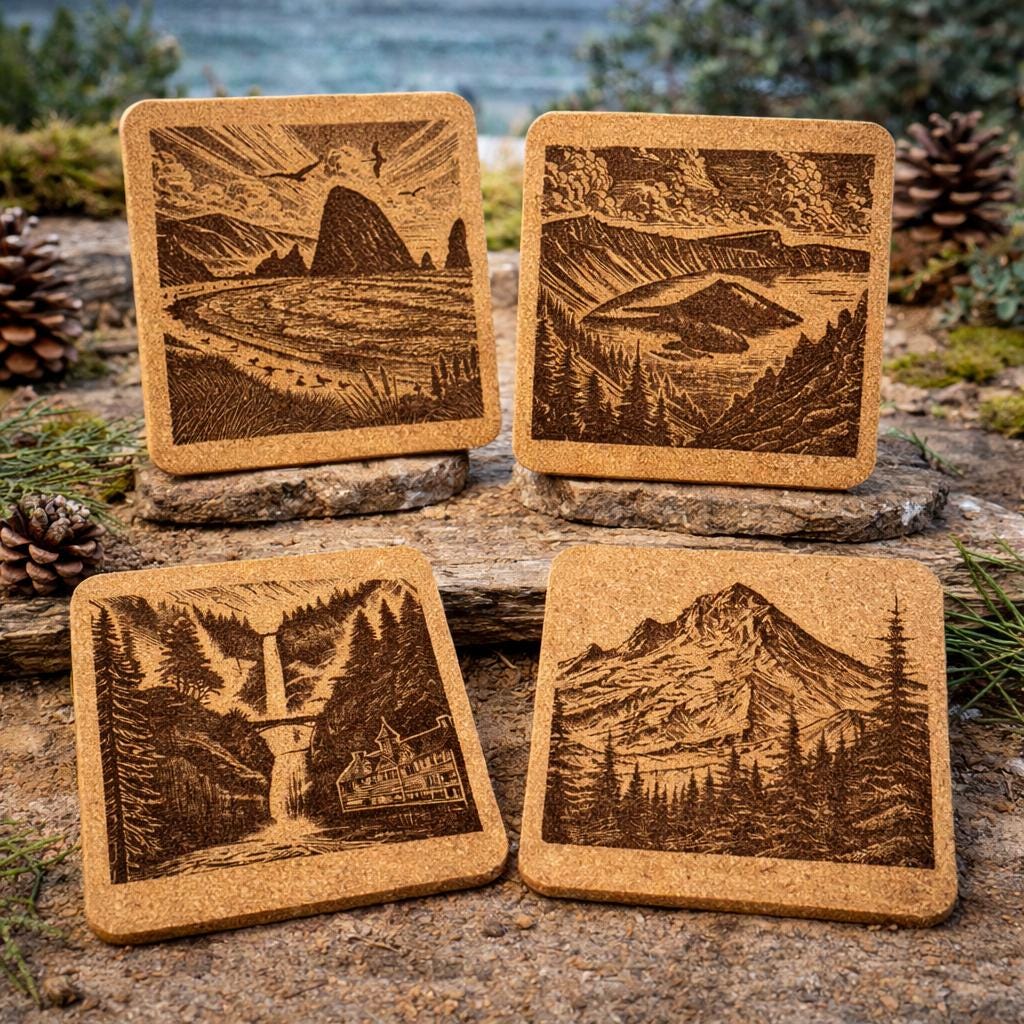 Pacific Northwest Oregon Scenes - Set of 4 Laser Engraved Cork Coasters