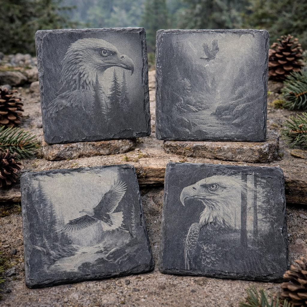 Bald Eagle Wildlife and Nature Set of 4 Laser Engraved Slate Drink Coasters