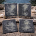 Moonlit Nature Slate Coaster Set – Engraved Night Sky Mountain, Waterfall, Ocean & Tropical Beach Scenes
