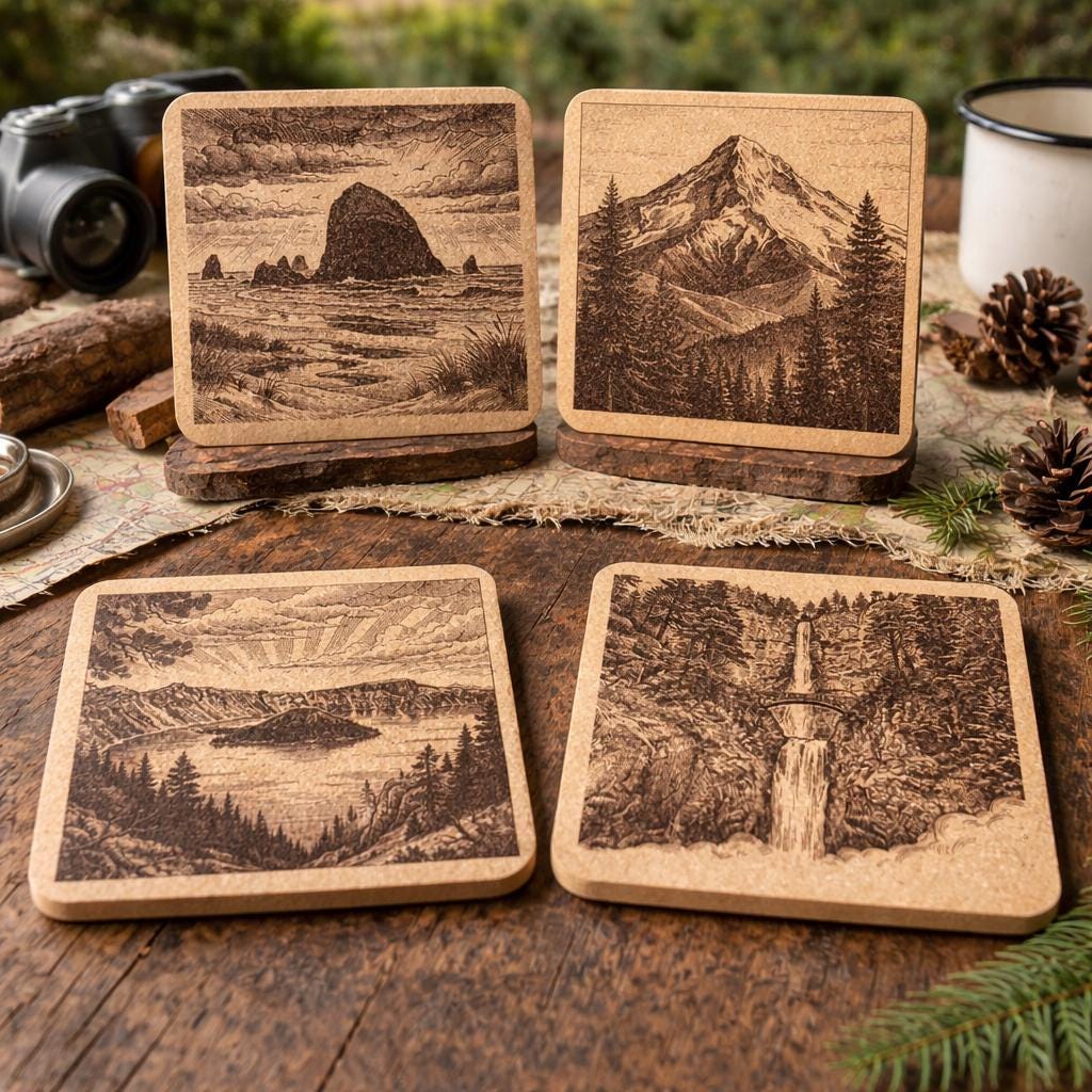 Oregon Pacific Northwest Cork Coaster Set – Mt Hood, Crater Lake, Multnomah Falls, Cannon Beach