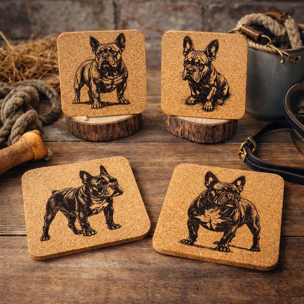 French Bulldog Cork Coasters – Rustic Dog Lover Gift Set of 4