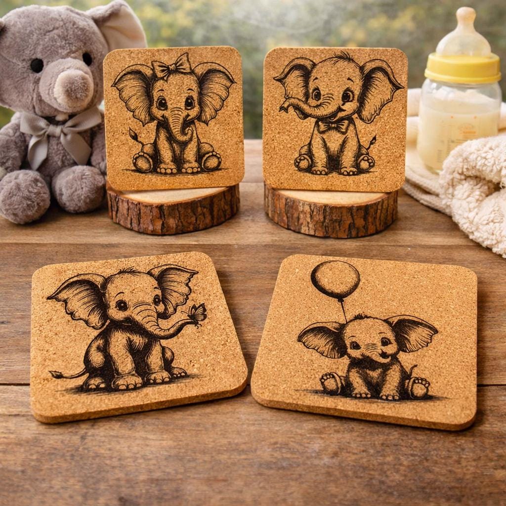 Baby Elephant Cork Coaster Set: Nursery Decor, Animal Lover Gift
