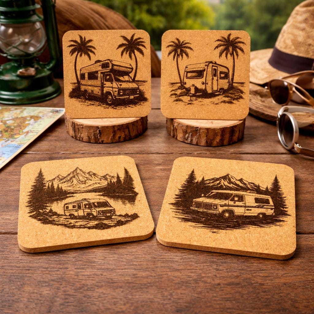 RV Travel Camper Set of 4 Laser Engraved Cork Coasters