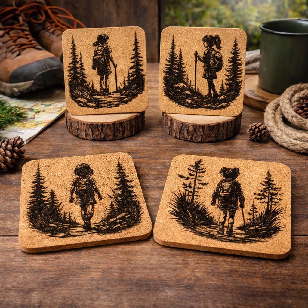 Girl Hiking Cork Coaster Set: Laser Engraved Rustic Nature Decor