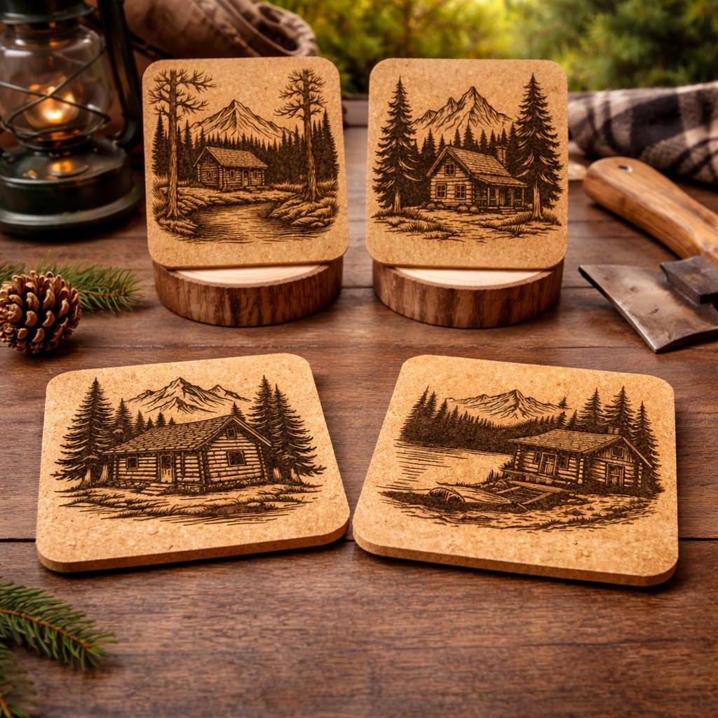 Cabin in the Woods Cork Coaster Set: Laser Engraved Mountain Lodge Decor