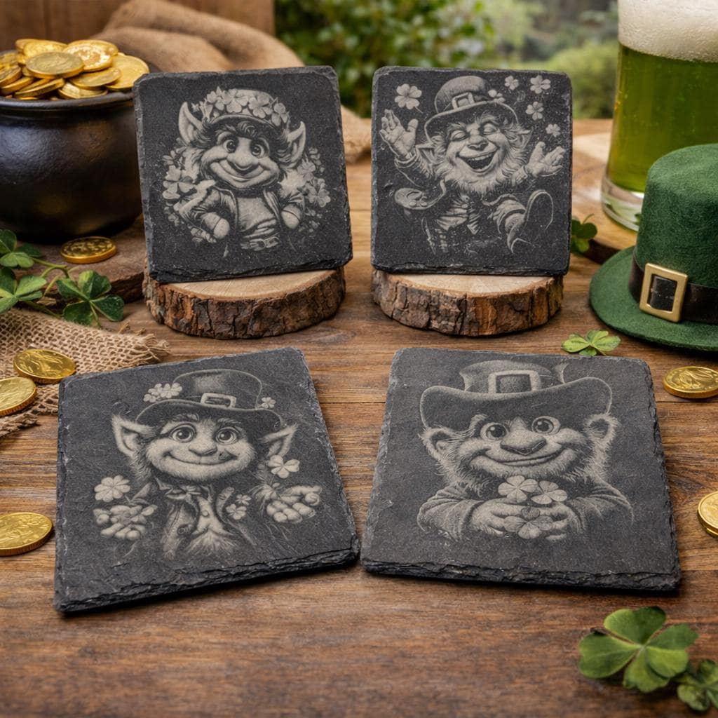 Happy Leprechaun Slate Coasters Set – Cute St. Patrick’s Day Decor – Irish Drink Coasters (4 Pack)