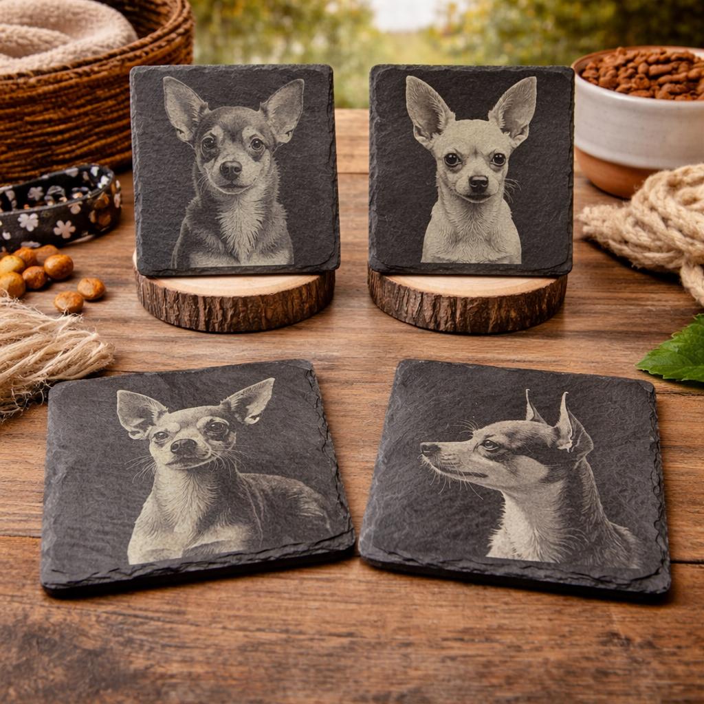 Chihuahua Laser Engraved Slate Coaster Set: Dog Lover Gift