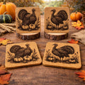 Turkey Cork Coaster Set of 4 – Engraved Autumn Pumpkins Rustic Thanksgiving Drink Coasters