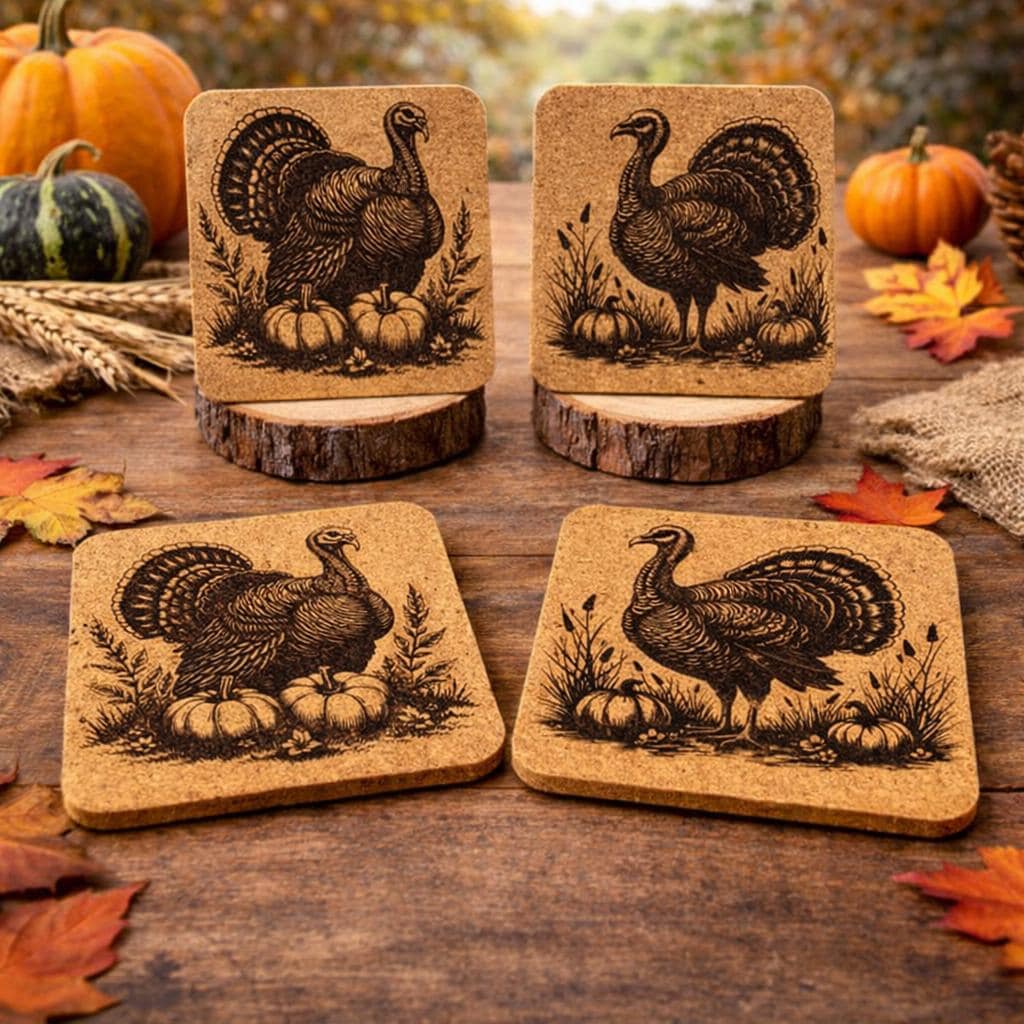 Turkey Cork Coaster Set of 4 – Engraved Autumn Pumpkins Rustic Thanksgiving Drink Coasters