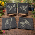 Hummingbird Slate Coaster Set of 4 – Engraved Stone Drink Coasters with Floral Designs