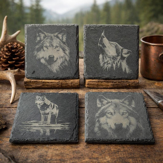 Wolf Wildlife Portraits, Rustic Cabin Decor, Set of 4 Laser Engraved Slate Coasters