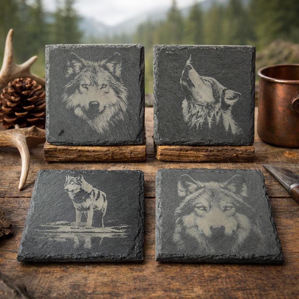Wolf Wildlife Portraits, Rustic Cabin Decor, Set of 4 Laser Engraved Slate Coasters