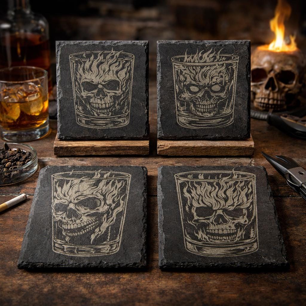 Flaming Skull Whiskey Glass Slate Coasters – Gothic Barware - 4 Designs