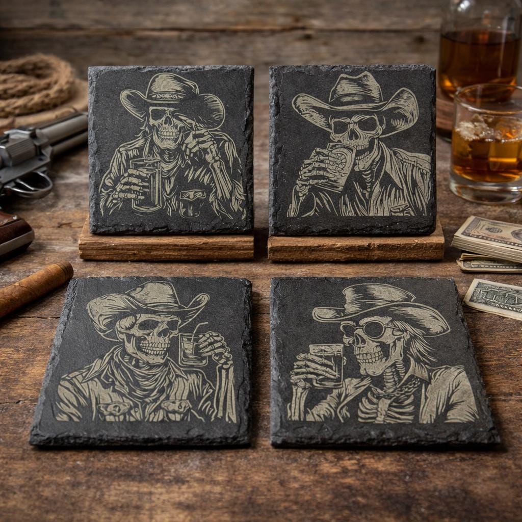 Skeleton Cowboy Slate Coaster – Western Gothic Laser-Engraved Barware