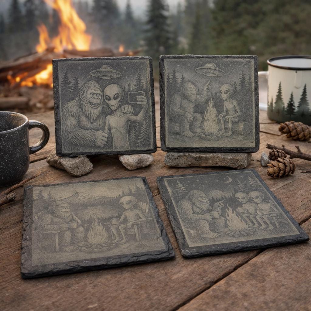 Bigfoot and Alien set of 4 Laser Engraved Slate Coasters