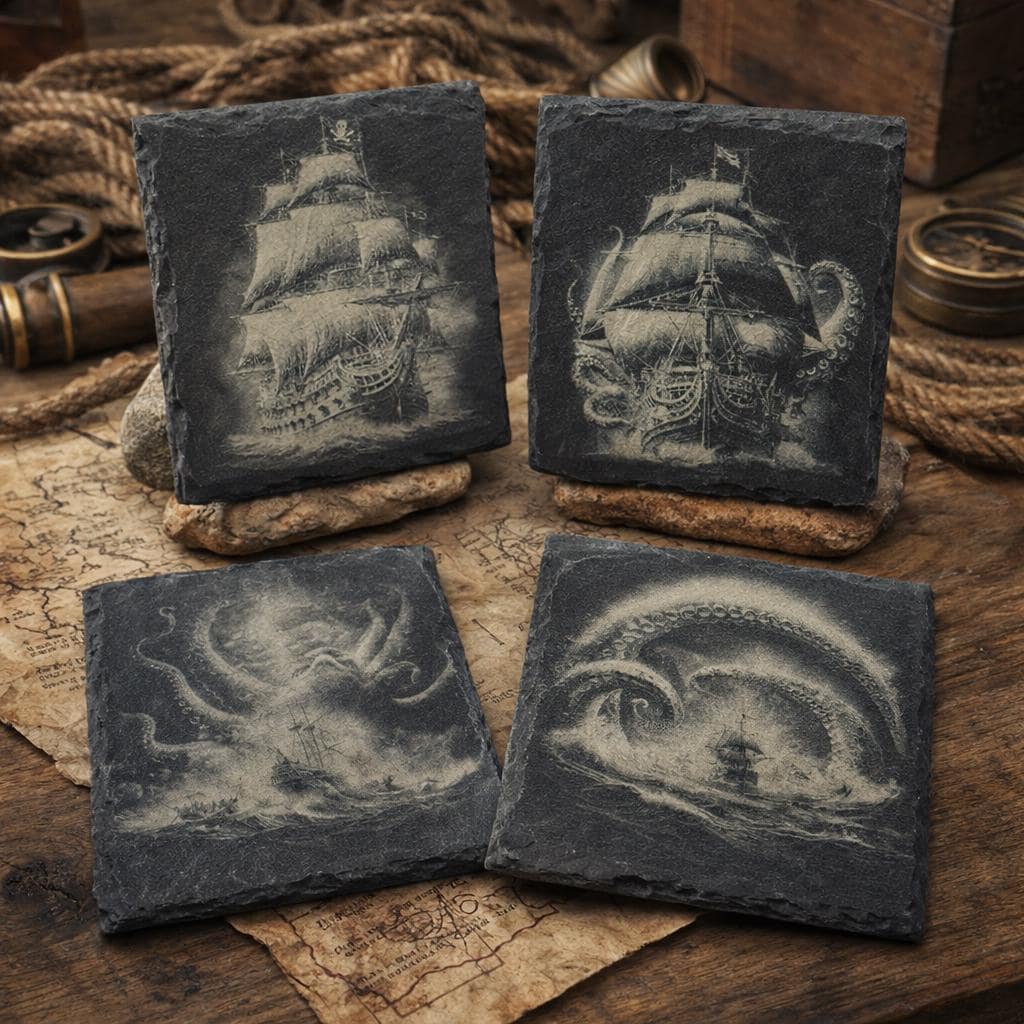 Pirate Ship & Kraken Slate Coaster Set – Engraved Nautical Sea Monster Art (4 Pack)
