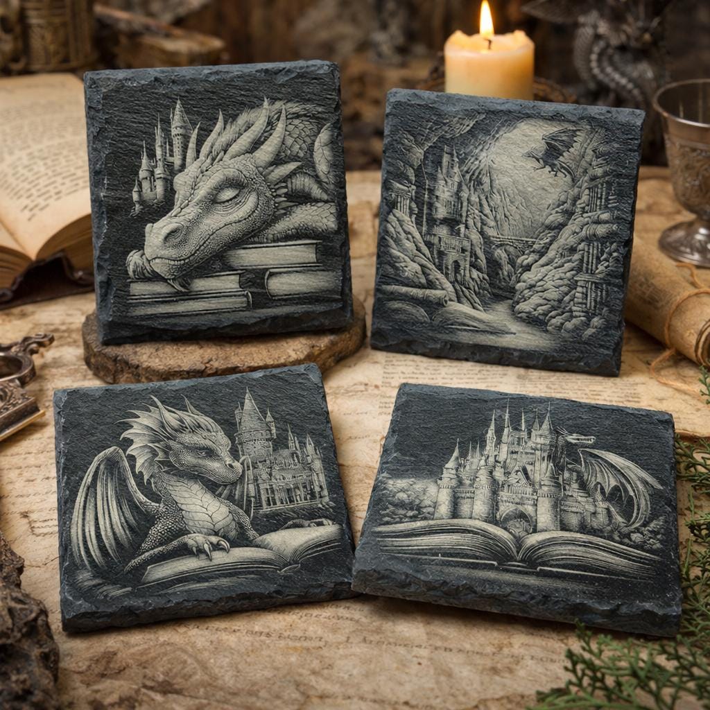 Dragons, Books & Castles Engraved Slate Coasters Set of 4