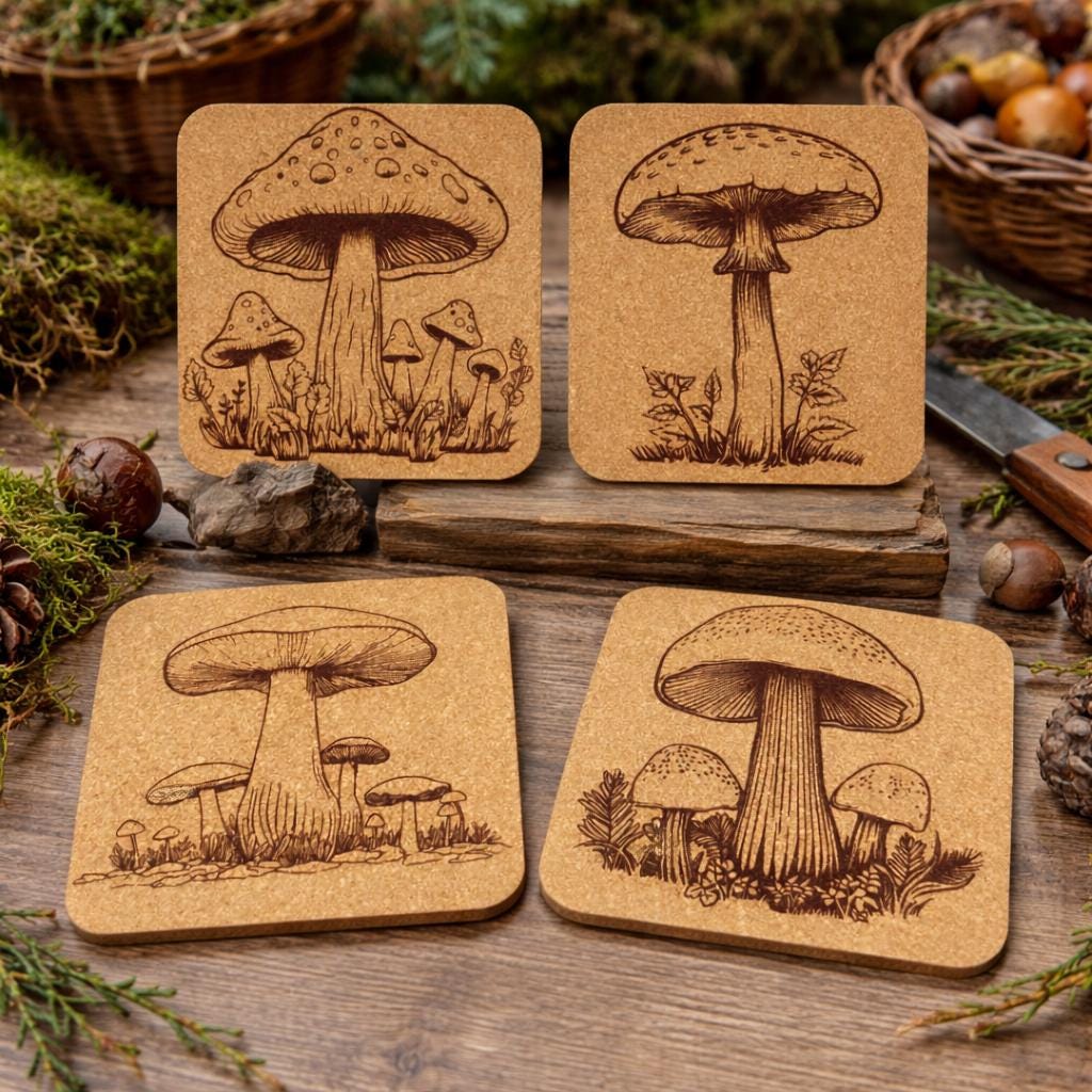 Woodland Mushroom Coaster Set of 4 – Laser Engraved Cork Drink Coasters