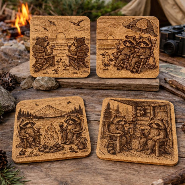 Raccoon Coaster Set: Rustic Cork Drink Coasters with Cabin & Beach Scenes