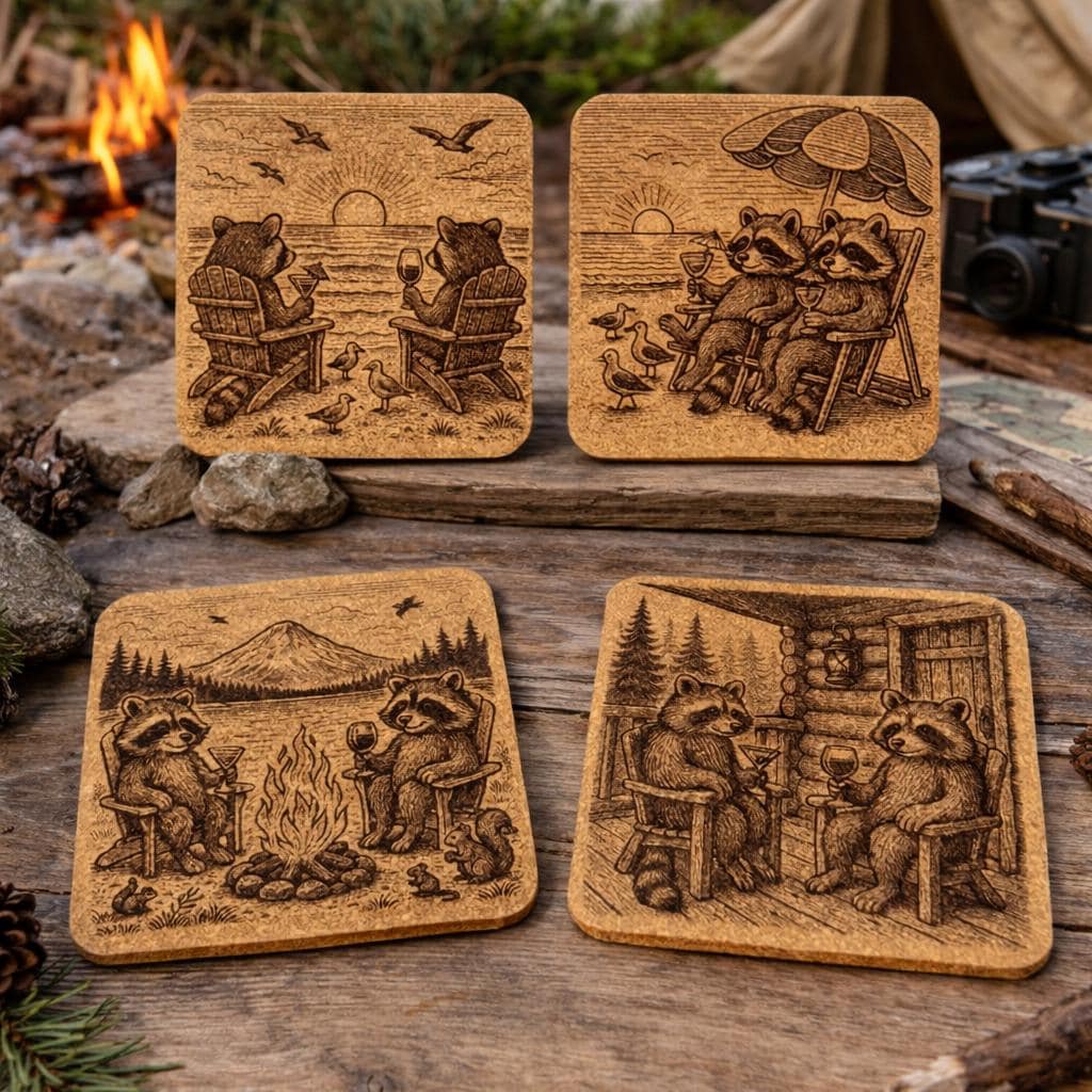 Raccoon Coaster Set: Rustic Cork Drink Coasters with Cabin & Beach Scenes