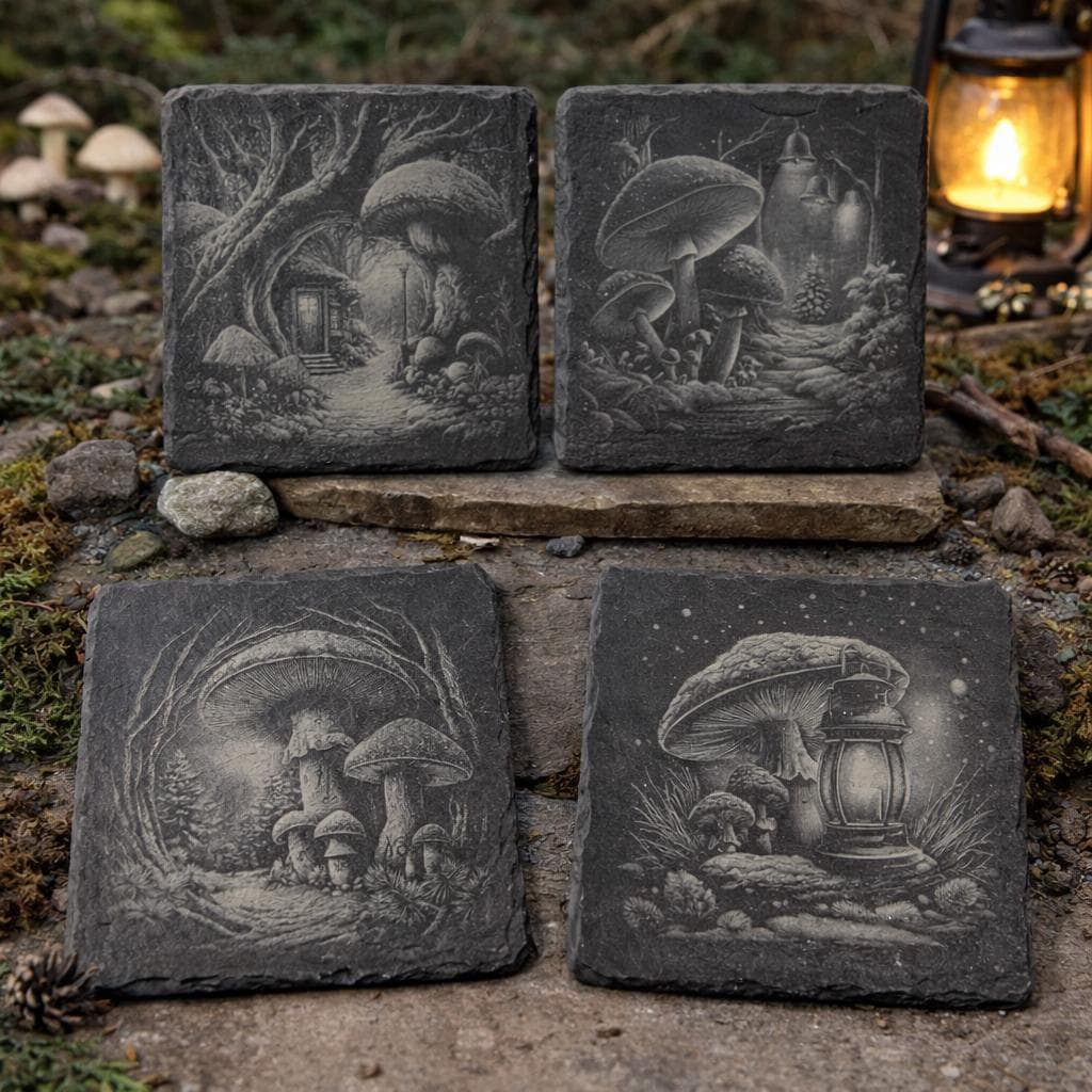 Enchanted Mushroom Forest Slate Coaster Set – Fairy Woodland Fantasy Art (4 Pack)