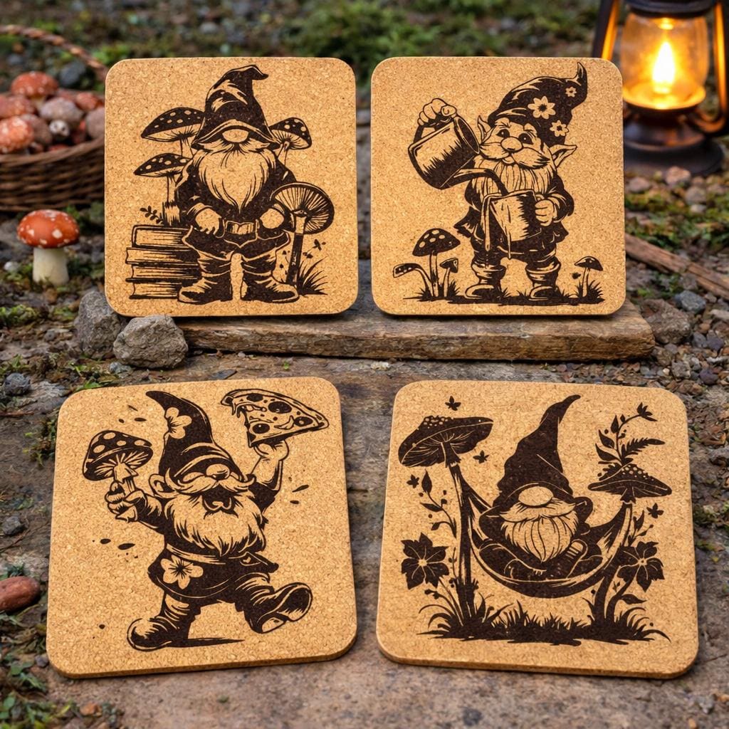 Gnome Cork Coaster Set of 4 – Woodland Gnomes - Laser Engraved