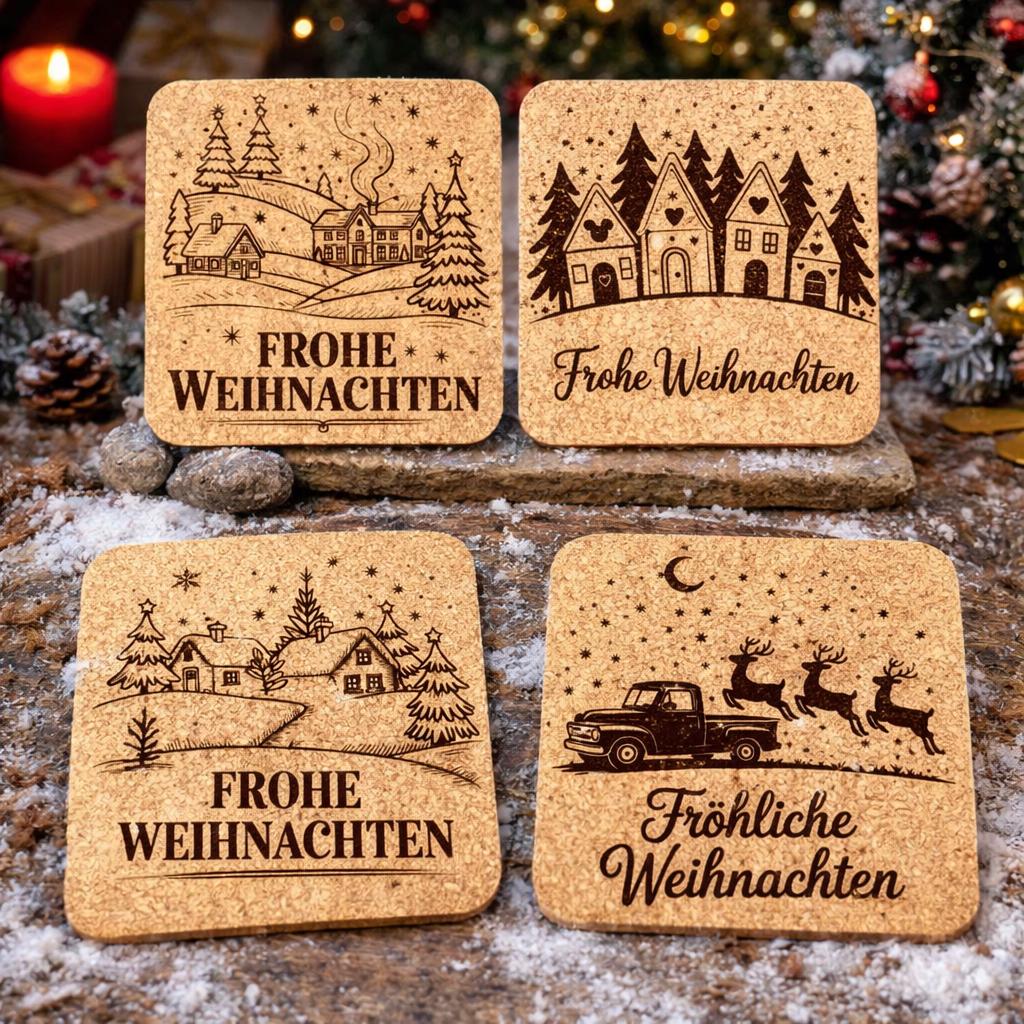 Frohe Weihnachten Laser Engraved Set of 4 German Christmas Cork Coasters