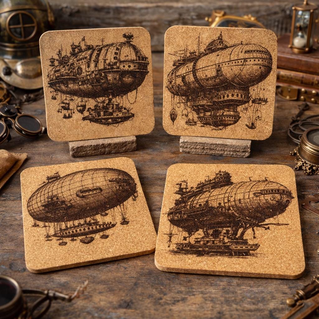 Steampunk Airship Cork Coasters Set – Victorian Flying Machine Art Drink Coasters – Steampunk Home Decor (4 Pack)