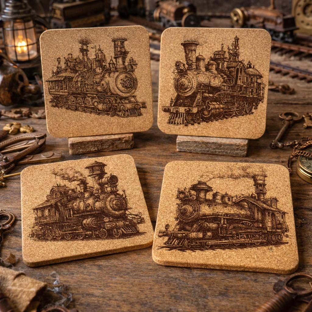 Steampunk Locomotive Cork Coasters Set – Vintage Steam Train Art Drink Coasters – Steampunk Home Decor (4 Pack)