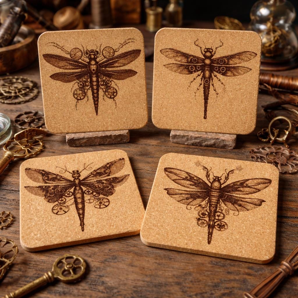 Steampunk Dragonfly Cork Coasters Set – Mechanical Insect Art Drink Coasters – Steampunk Home Decor (4 Pack)