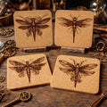 Steampunk Dragonfly Cork Coasters Set – Mechanical Insect Art Drink Coasters – Steampunk Home Decor (4 Pack)