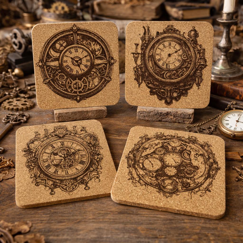Steampunk Clock Cork Coasters Set – Vintage Clockwork Gear Art Drink Coasters – Steampunk Home Decor (4 Pack)