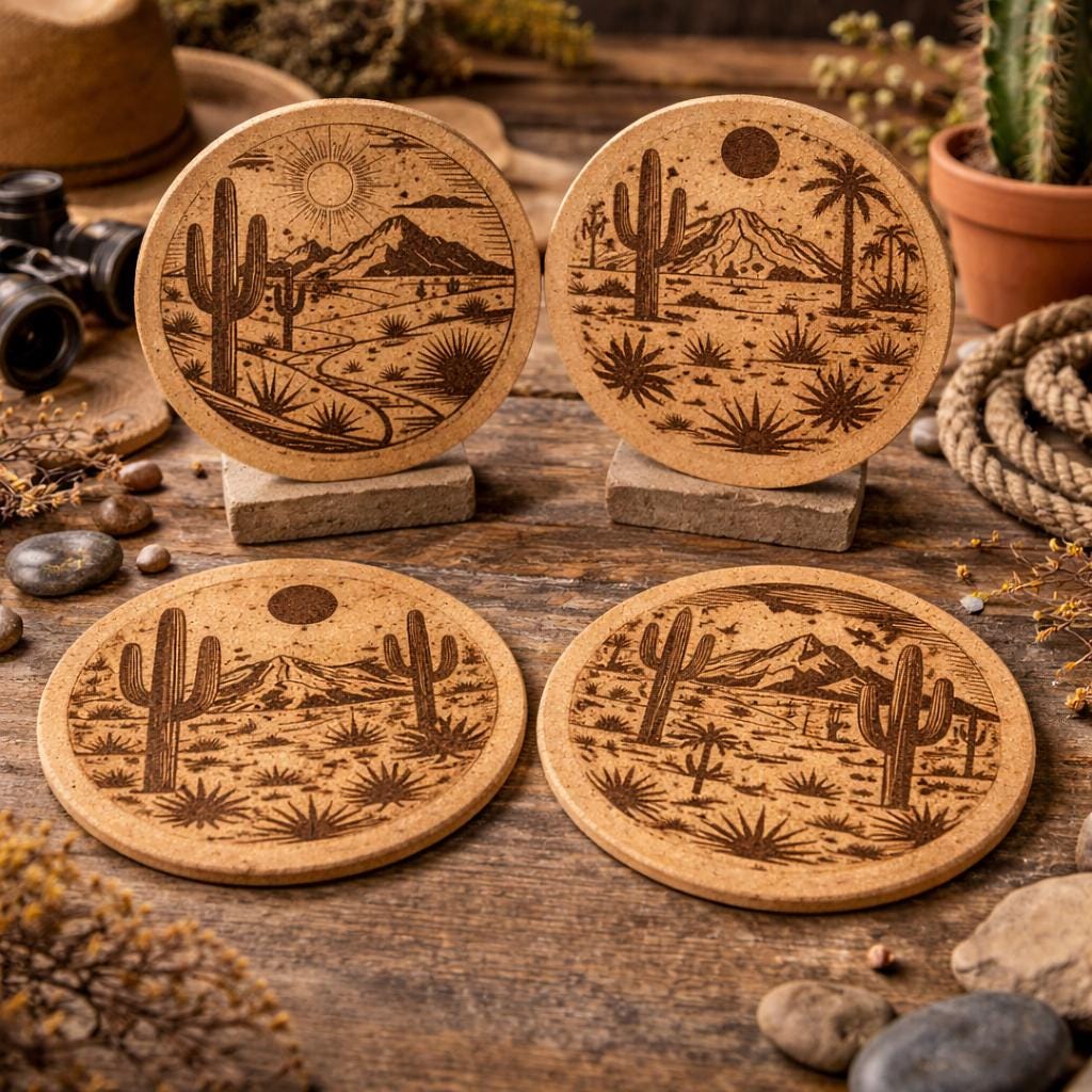 Southwest Desert Cork Coasters – Set of 4 – Cactus & Mountain Scene Drink Coasters