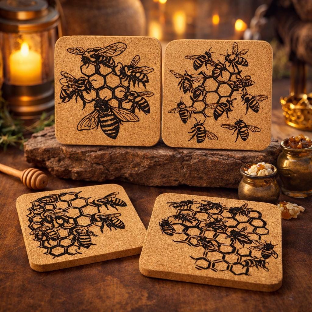 Honeycomb Bee Set of 4 Laser Engraved Cork Coasters, Hive Design