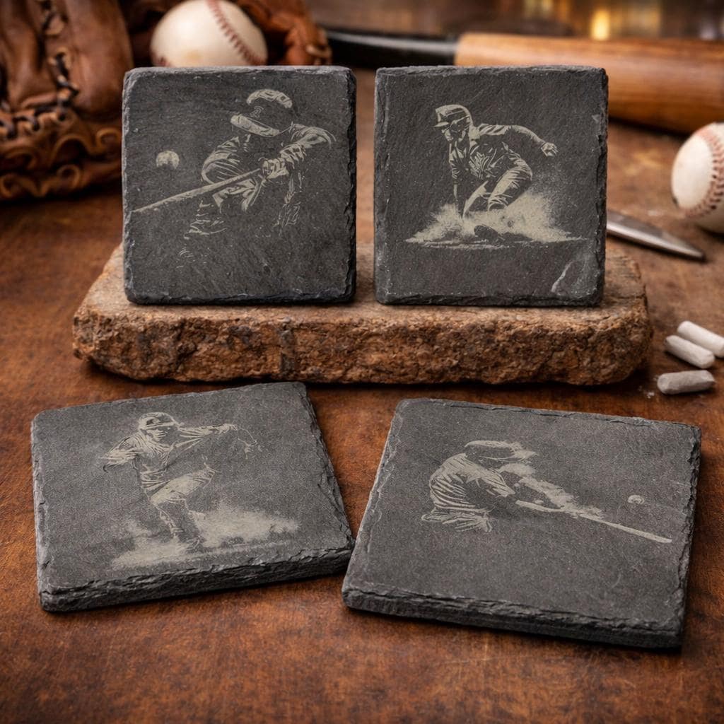 Laser Engraved Baseball Slate Coasters: Batter & Runner Designs