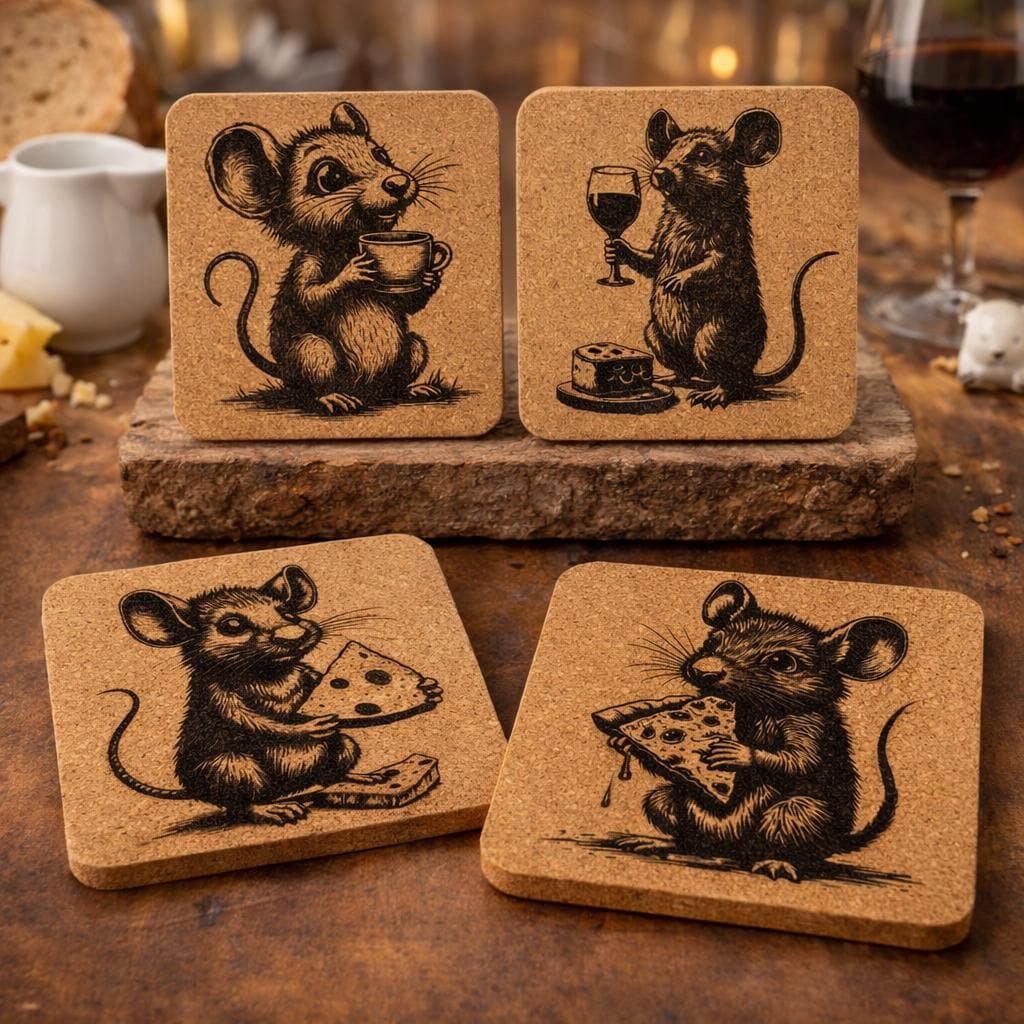 Mouse Cork Coaster Set: Whimsical Wine, Cheese & Pizza Designs