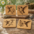 Hummingbird and Wildflower Cork Coaster Set – Laser Engraved 4-Piece Nature Drink Coasters