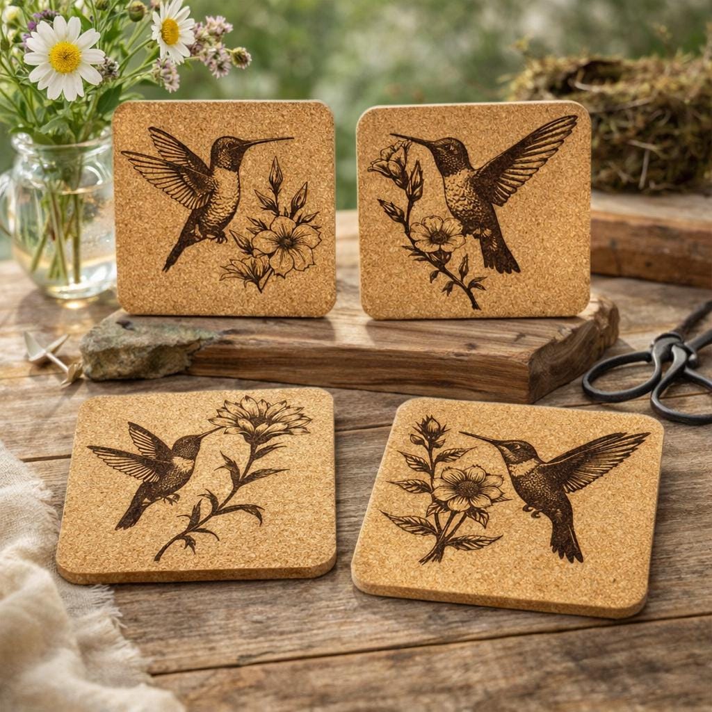 Hummingbird and Wildflower Cork Coaster Set – Laser Engraved 4-Piece Nature Drink Coasters