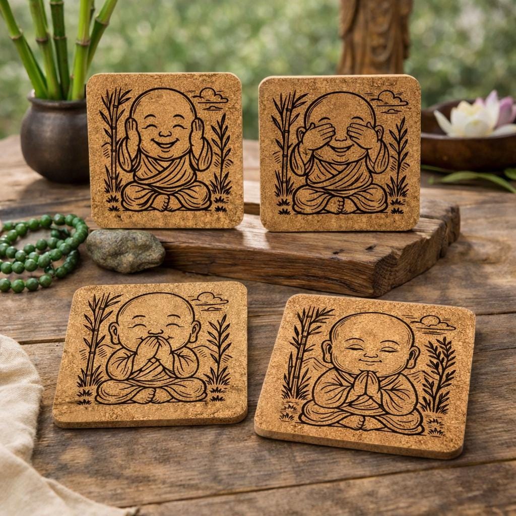 Baby Buddhas Laser Engraved Cork Coaster Set of 4