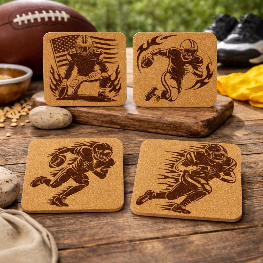 Football Flames Cork Coaster Set – High-Energy Laser Engraved Sports 4-Pack