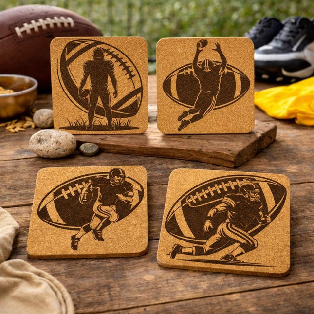 Football Cork Coaster Set – Laser Engraved Sports Coasters for Players & Fans – 4-Pack