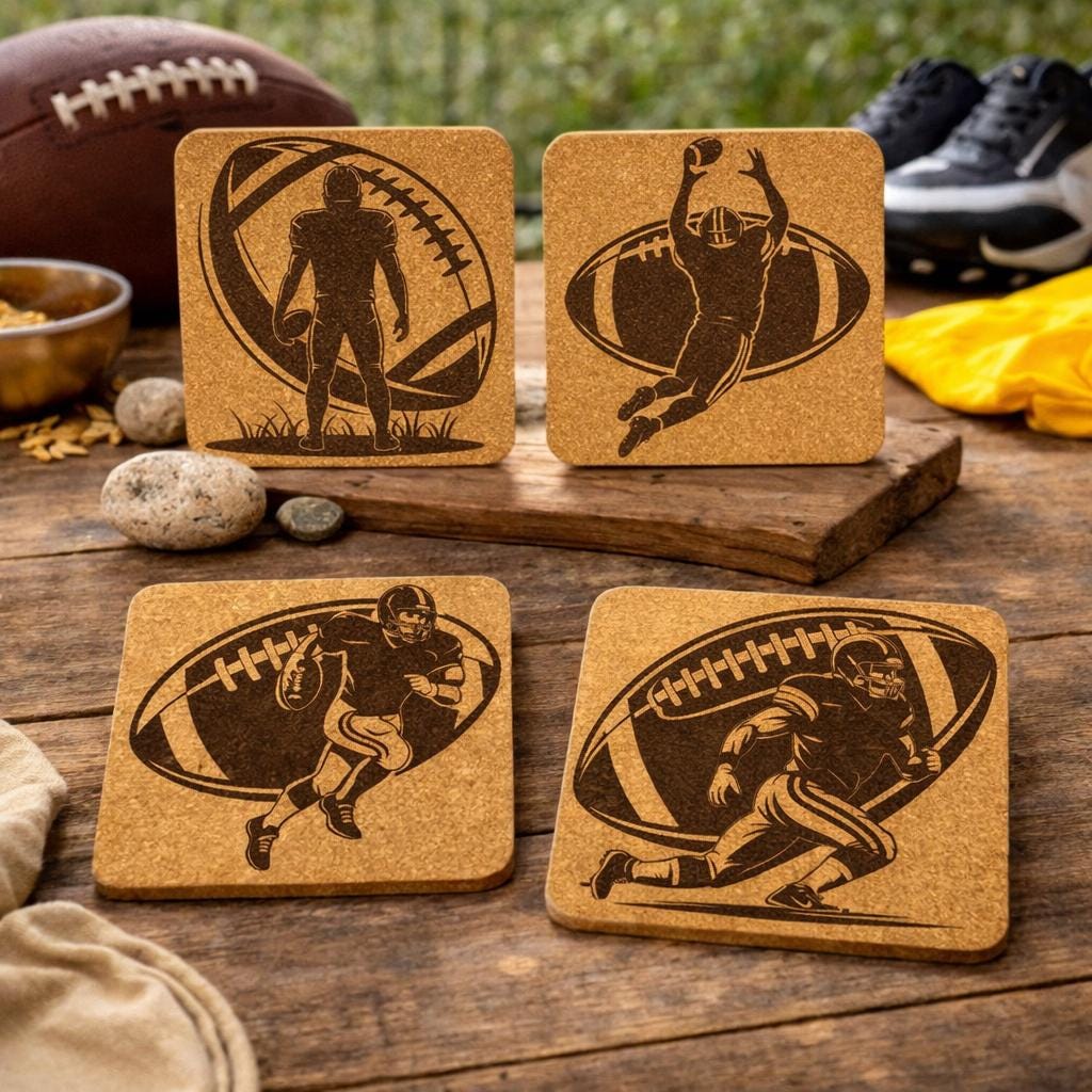 Football Cork Coaster Set – Laser Engraved Sports Coasters for Players & Fans – 4-Pack