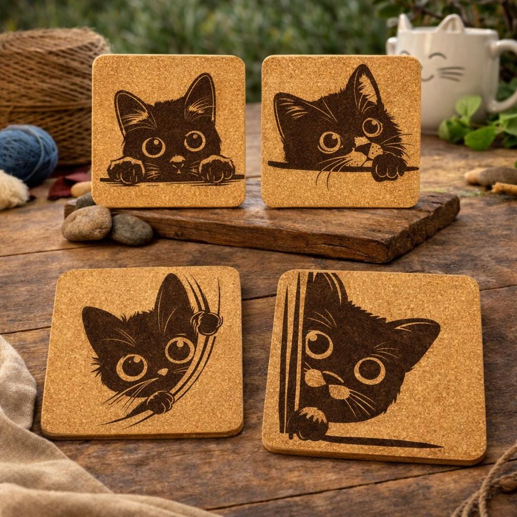 Peeking Cat Cork Coaster Set #1 – Adorable Laser Engraved Kitty Designs – 4-Pack