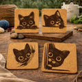 Peeking Cat Cork Coaster Set #1 – Adorable Laser Engraved Kitty Designs – 4-Pack