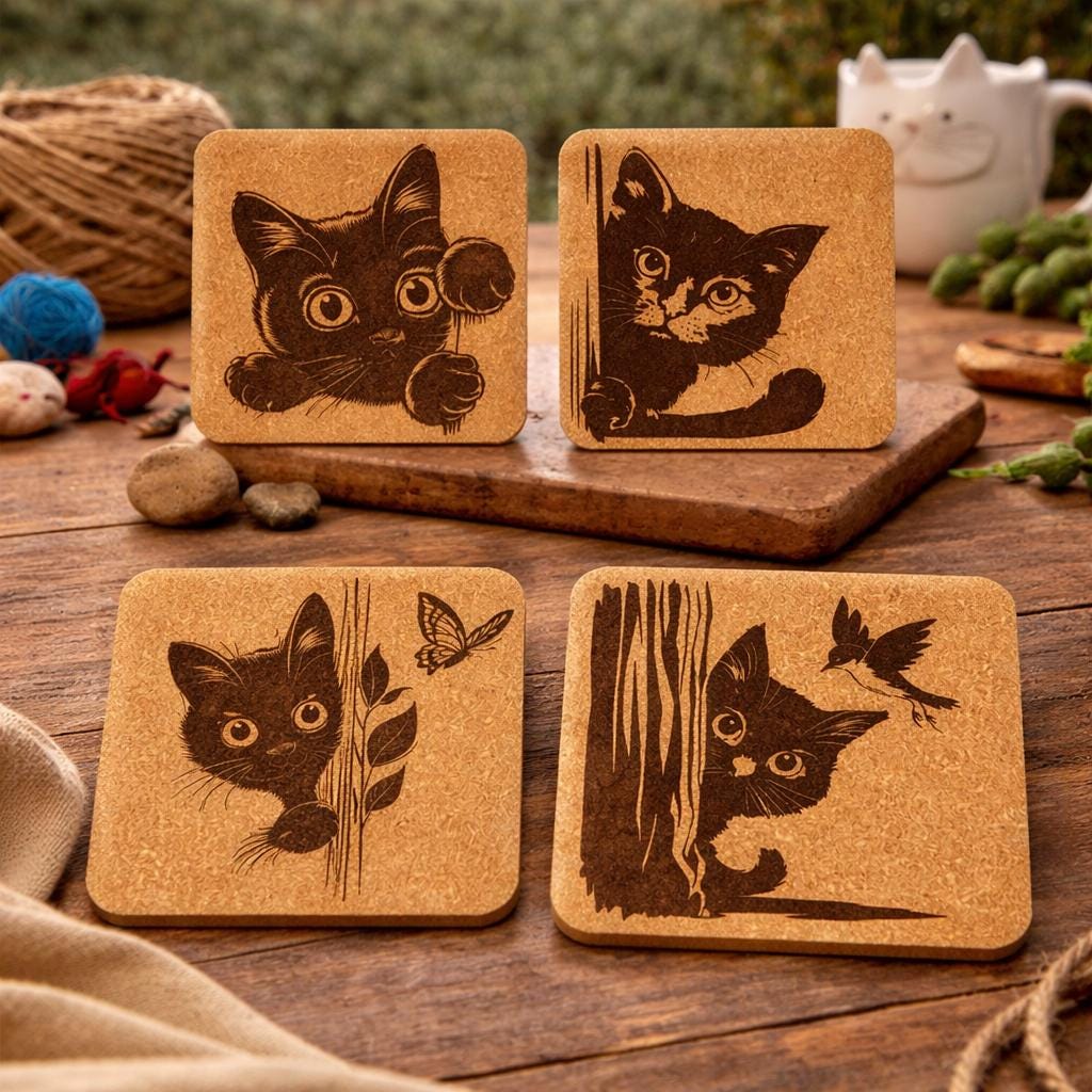 Peeking Cat Cork Coaster Set #2 – Adorable Laser Engraved Kitty Designs – 4-Pack